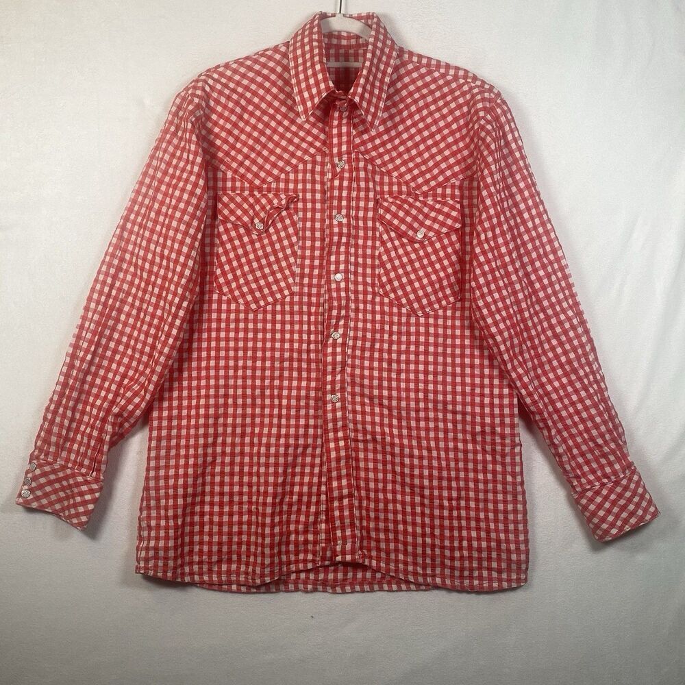 Men’s Retro Western Pearl Snap Shirt Red Gingham Check Seersucker Cowboy Style